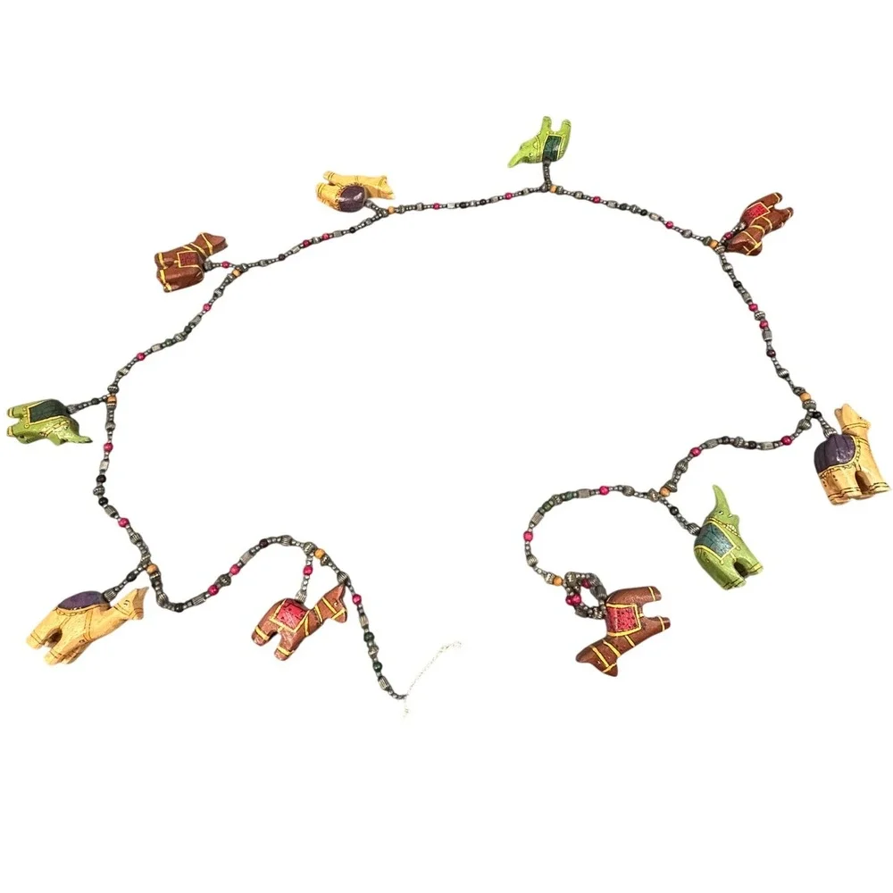 Vintage‎ Hand Painted Wooden Elephant Camel Animal Bead Garland 68 Inch